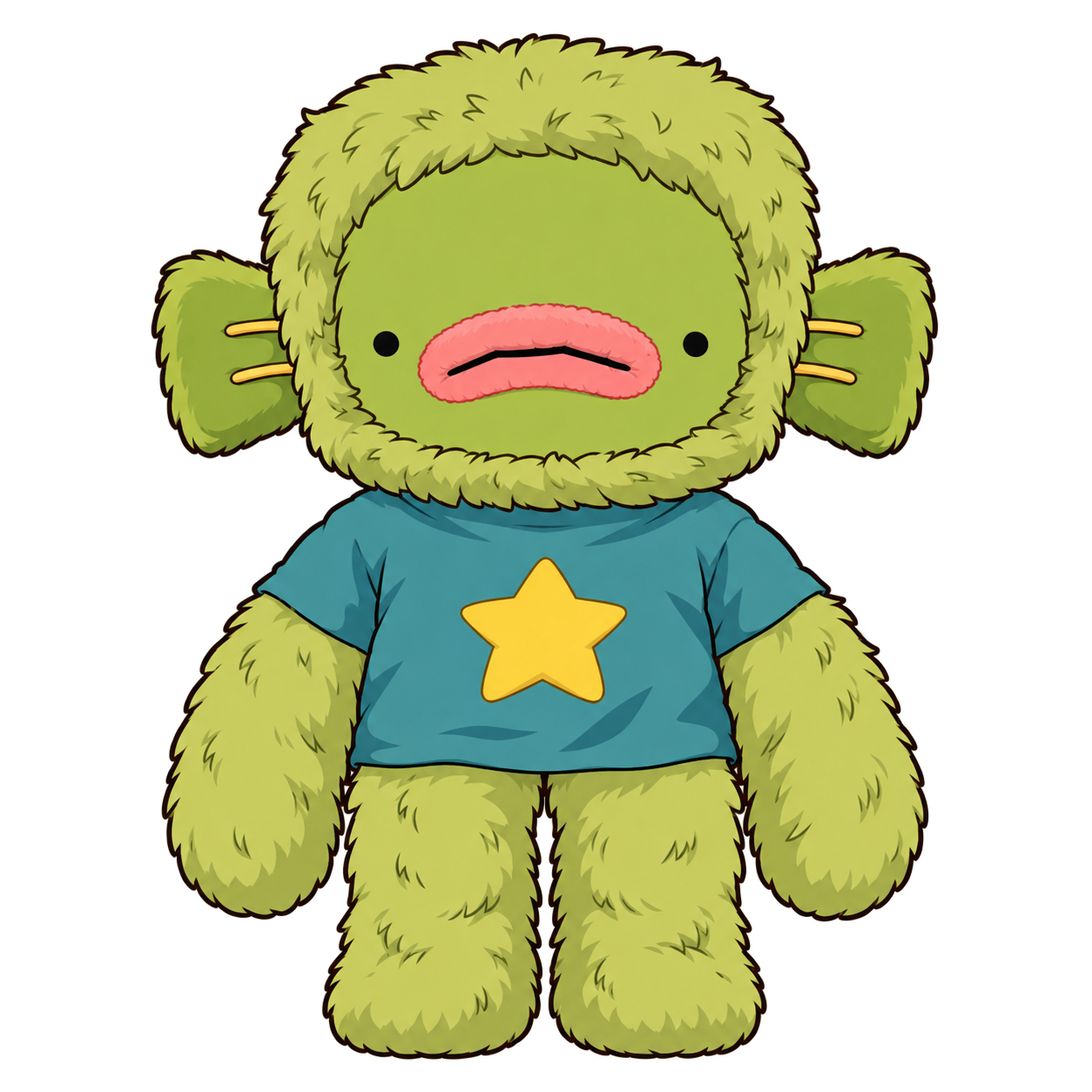 Mossmo, a fluffy green forest friend wearing a teal shirt with a golden star